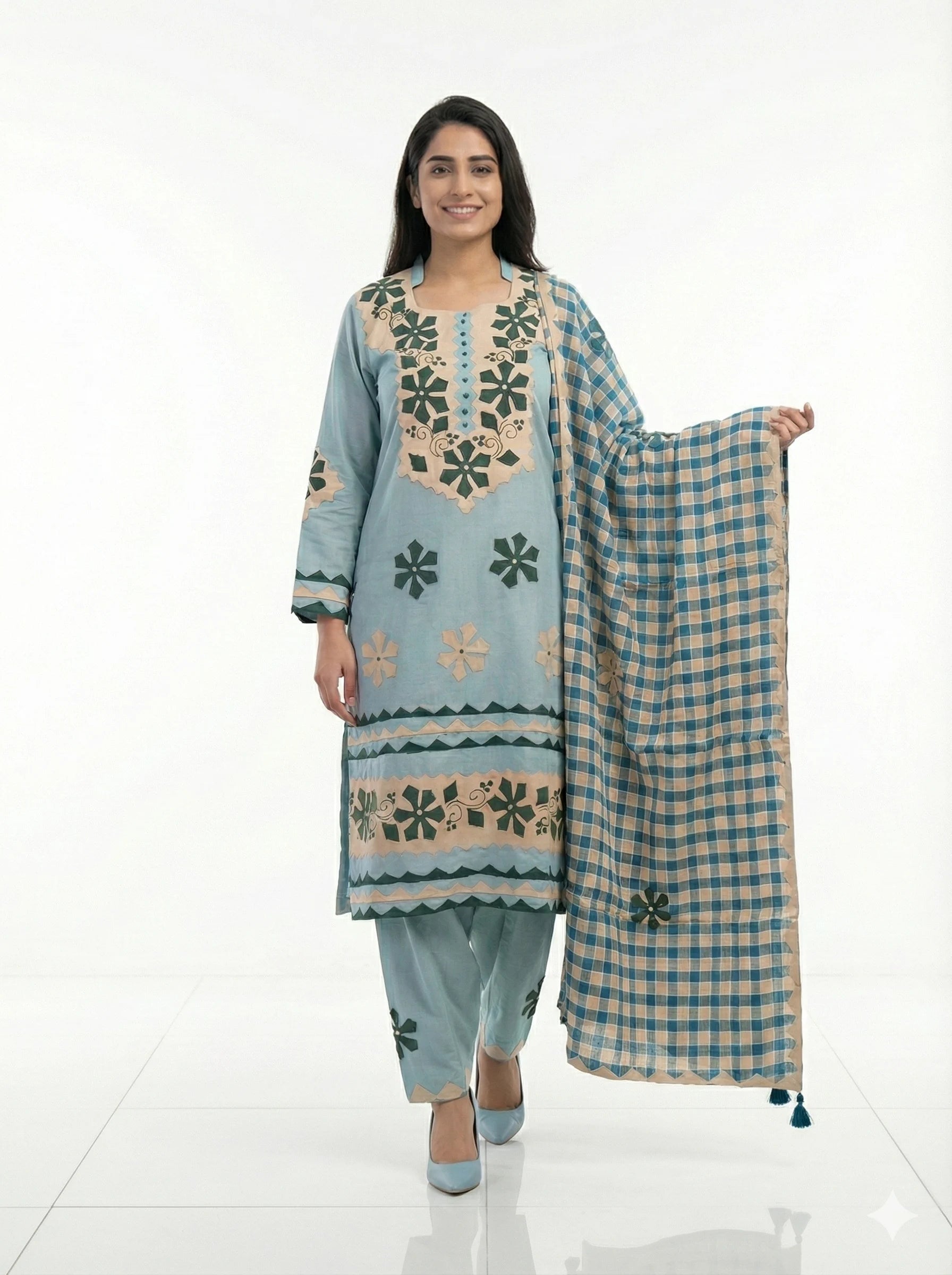3-Piece Premium Khadar Karandi Dress – Sky Blue with 2-Tone Applique Handwork (Winter Collection)