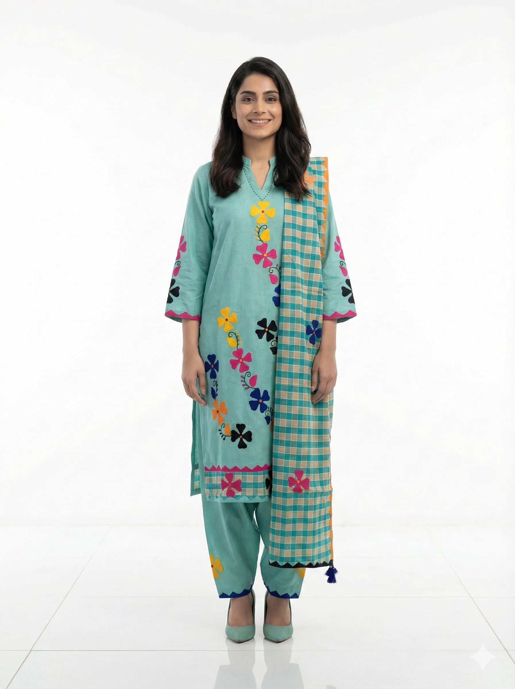 3-Piece Premium Khadar Karandi Dress – Sea Green with Multi Gudi Applique Handwork (Winter Collection)