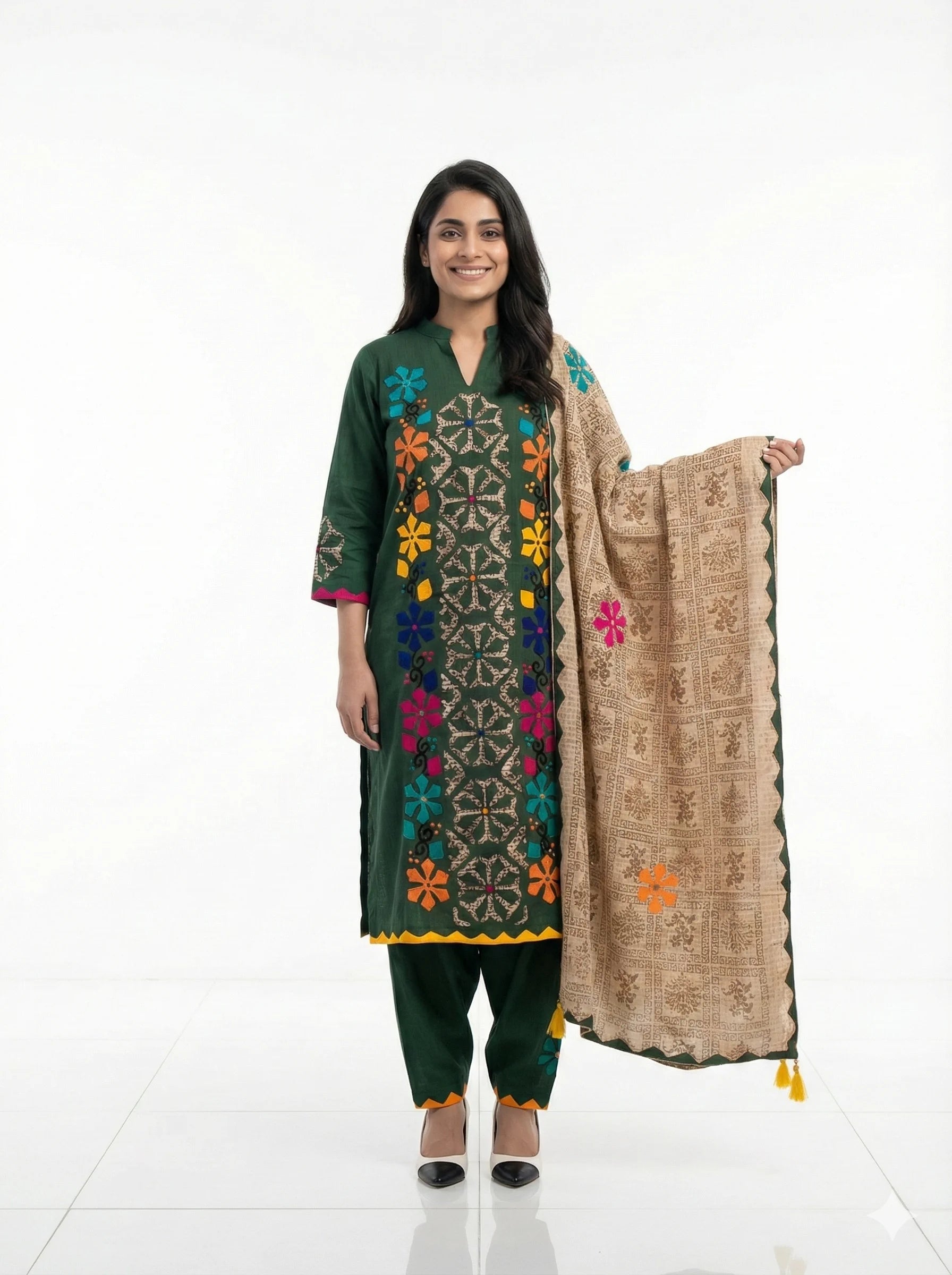 3-Piece Premium Khadar Karandi Dress – Bottle Green with Multi Gudi Sindhi Style Applique Handwork (Winter Collection)