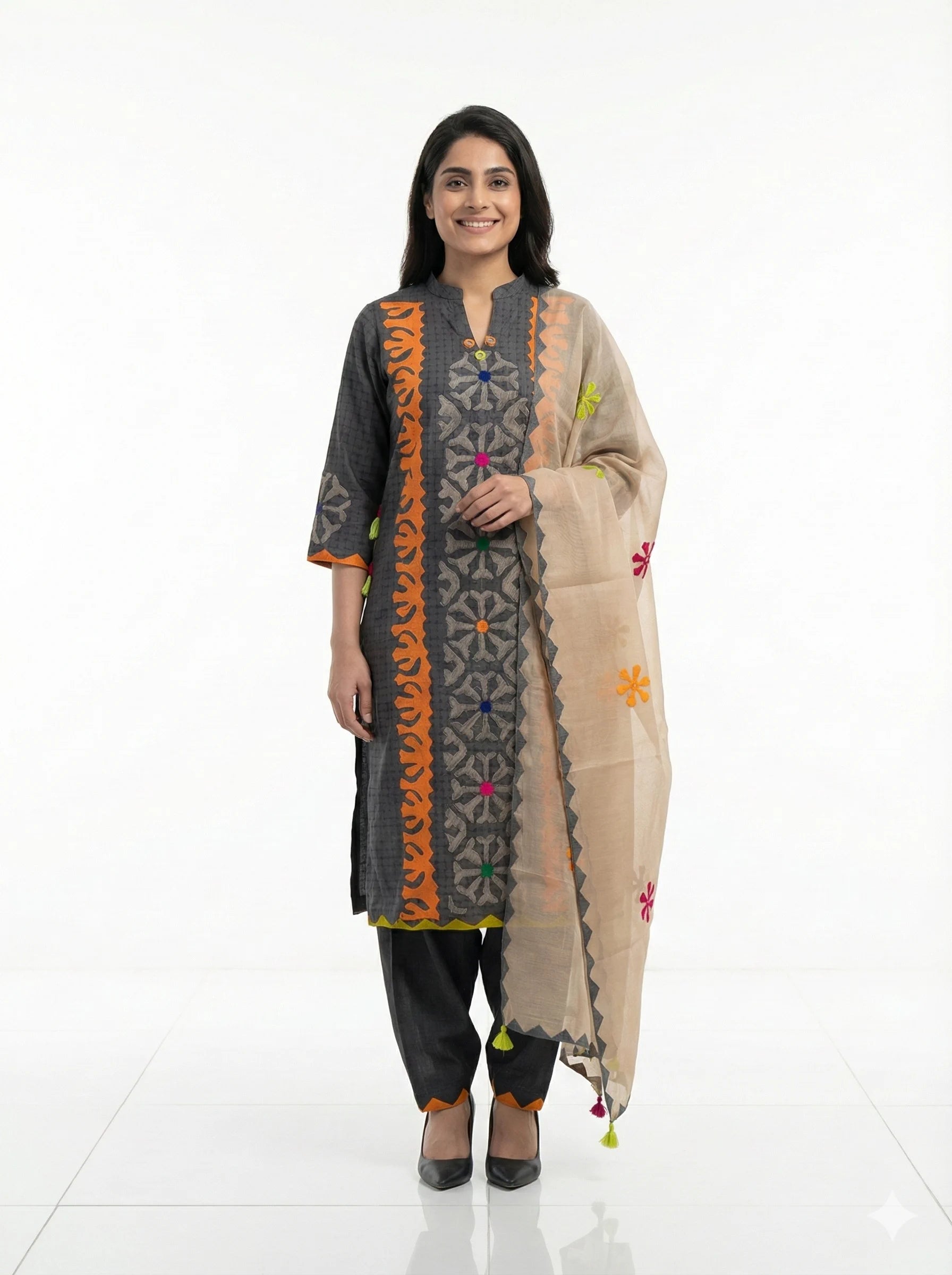 3-Piece Premium Printed Khadar Karandi Dress – Charcole Grey with Multi Gudi Sindhi Style Applique Handwork (Winter Collection)