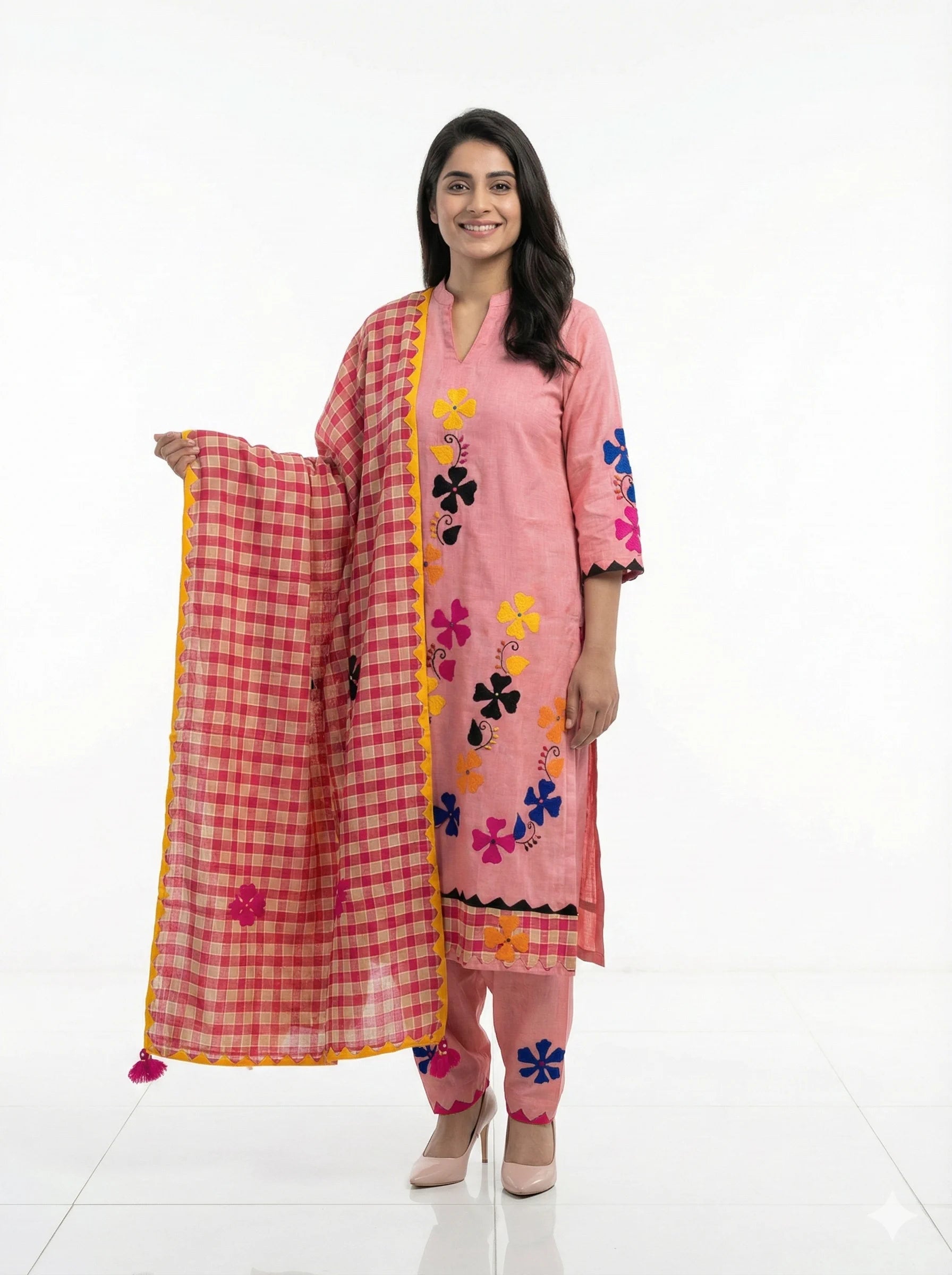3-Piece Premium Khadar Karandi Dress – Pink with Multi Gudi Applique Handwork (Winter Collection)