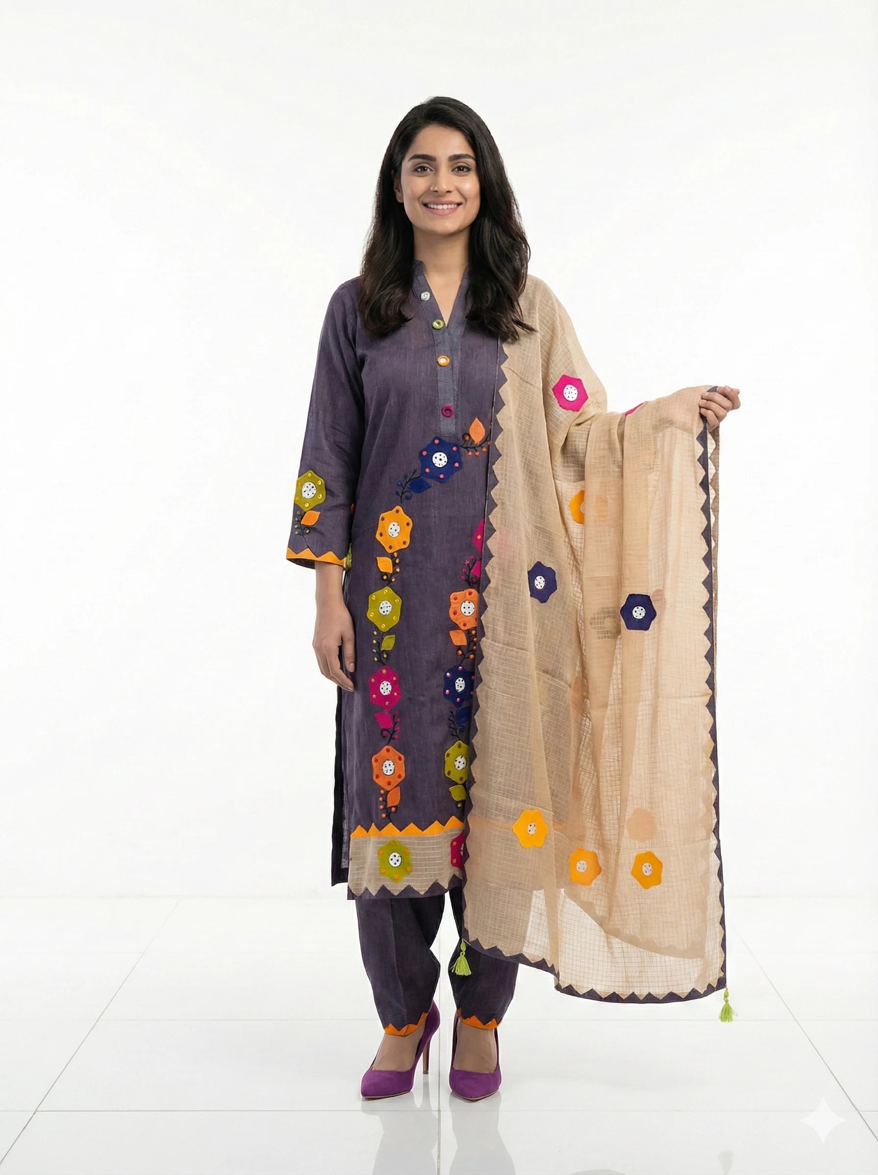 3-Piece Premium Khadar Karandi Dress – Purple with Multi Gudi Applique Handwork (Winter Collection)